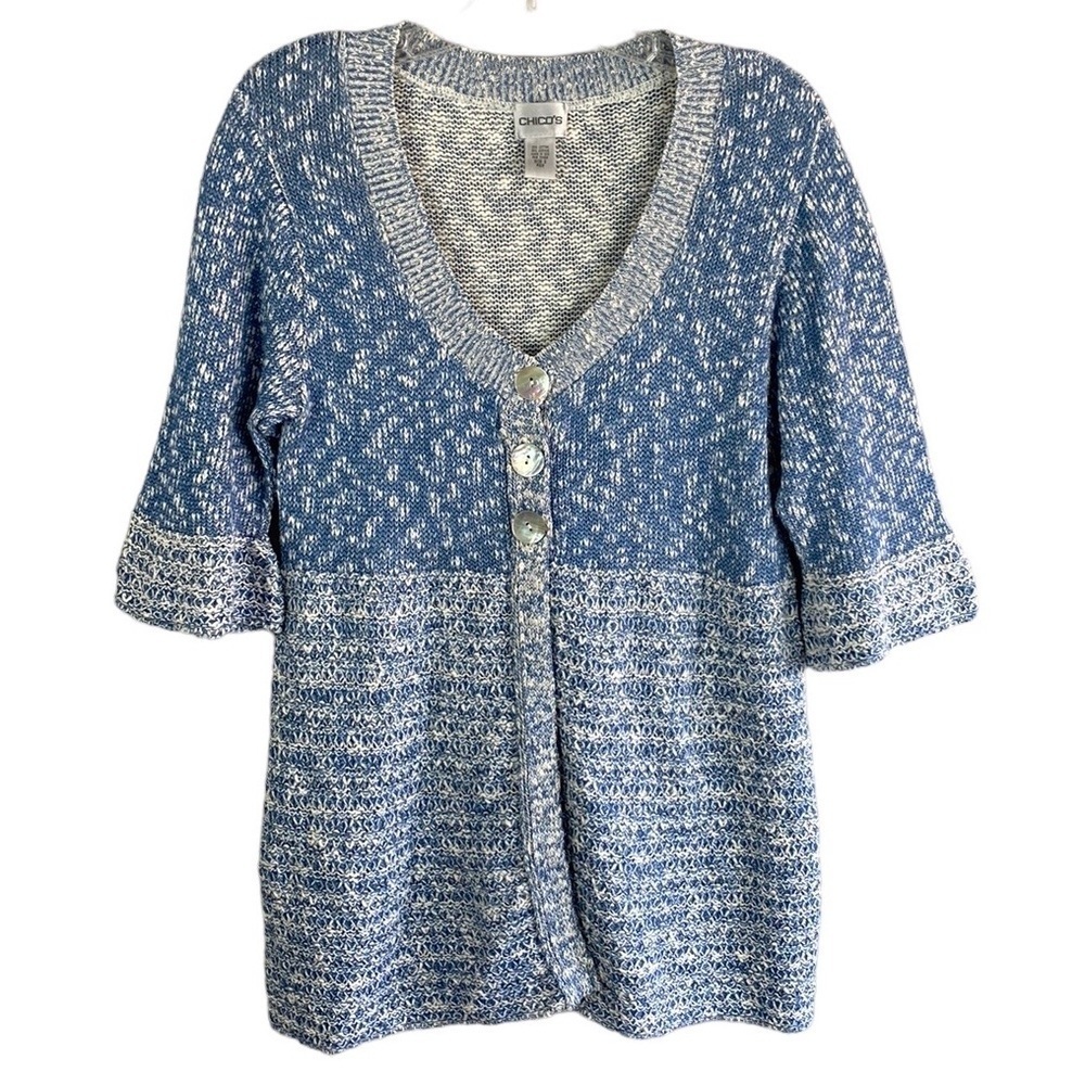 Chico’s Blue And White Heathered Cardigan Size 2(L)